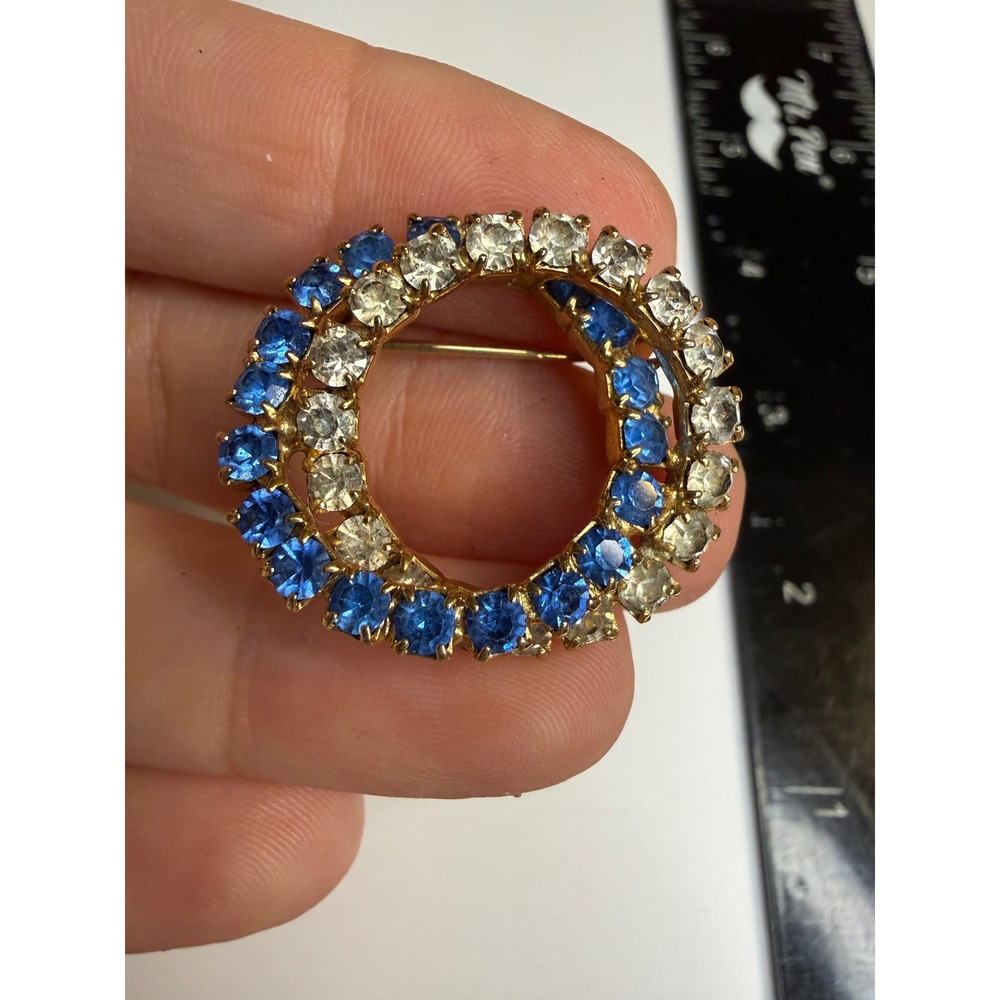 Vintage Blue and Clear Rhinestone Wreath Brooch Gold Tone Circular Pin 1.25"